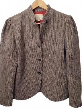 Ellen Tracy Vintage 80s Cream Brown Herringbone 100% Wool Blazer Size 8